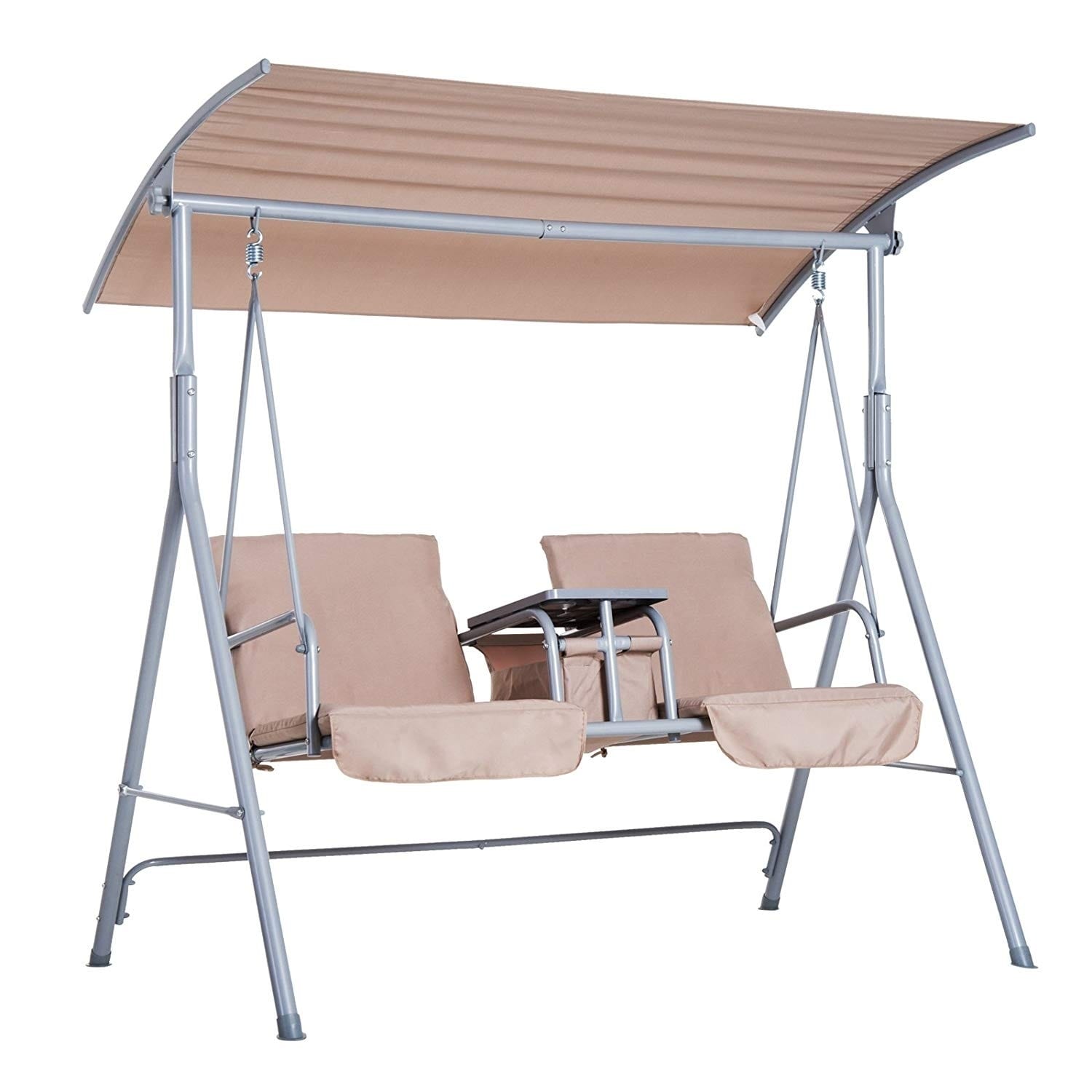 Outsunny  2 Person Water-Resistant Covered Patio Swing with Center Pivot Table and Underneath Storage Console, Beige