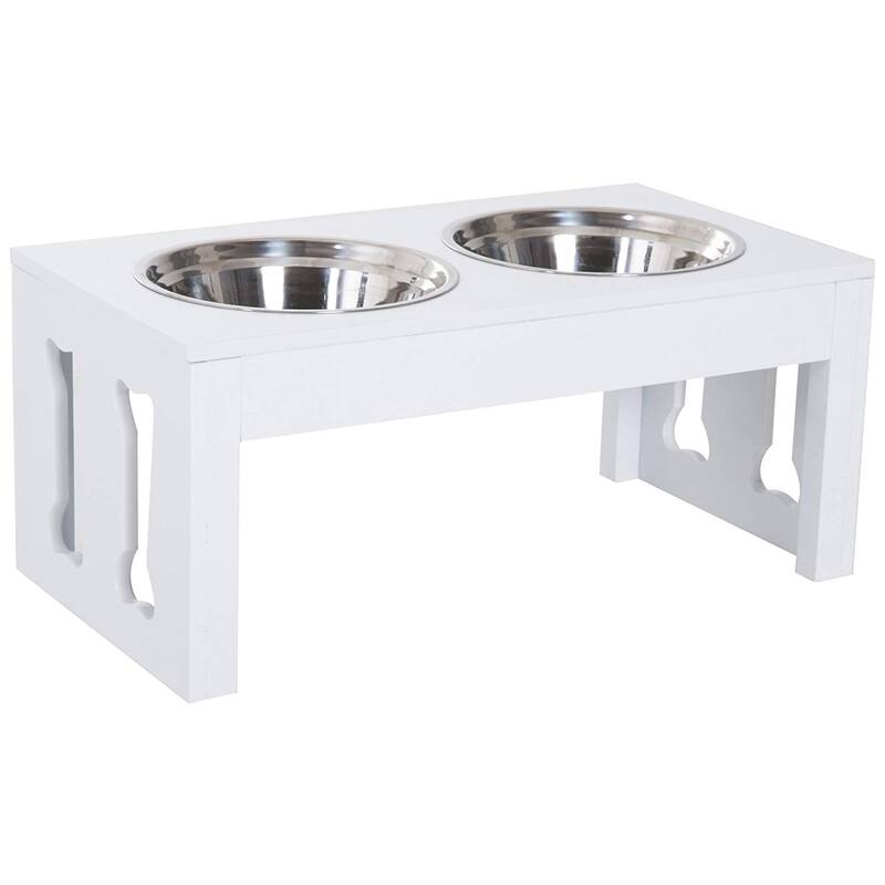 PawHut 23" Modern Decorative Dog Bone Wooden Heavy Duty Pet Food Bowl Elevated Feeding Station - White