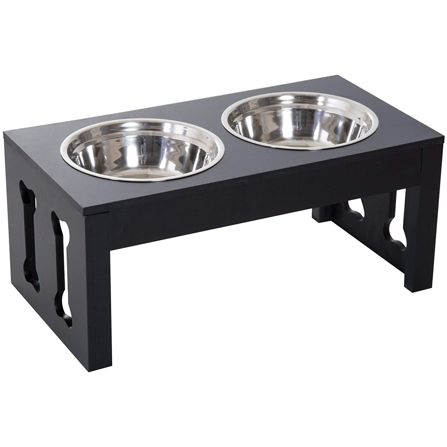 PawHut Elevated Dog Bowls for Large Dogs Pet Feeding Station with Stand,  Storage, 2 Stainless Steel Food and Water Bowls, Black, 23.5 x 12 x 14