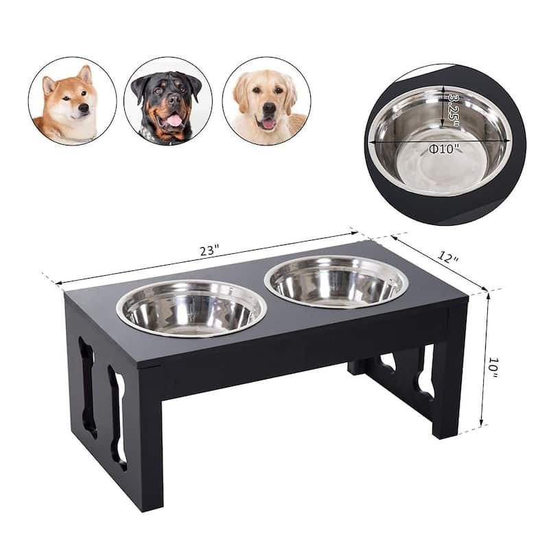 PawHut 23" Modern Decorative Dog Bone Wooden Heavy Duty Pet Food Bowl Elevated Feeding Station - Black