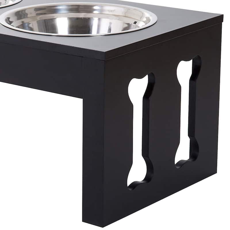 PawHut 23" Modern Decorative Dog Bone Wooden Heavy Duty Pet Food Bowl Elevated Feeding Station - Black