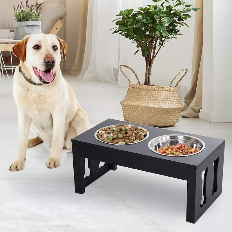 PawHut 23" Modern Decorative Dog Bone Wooden Heavy Duty Pet Food Bowl Elevated Feeding Station - Black