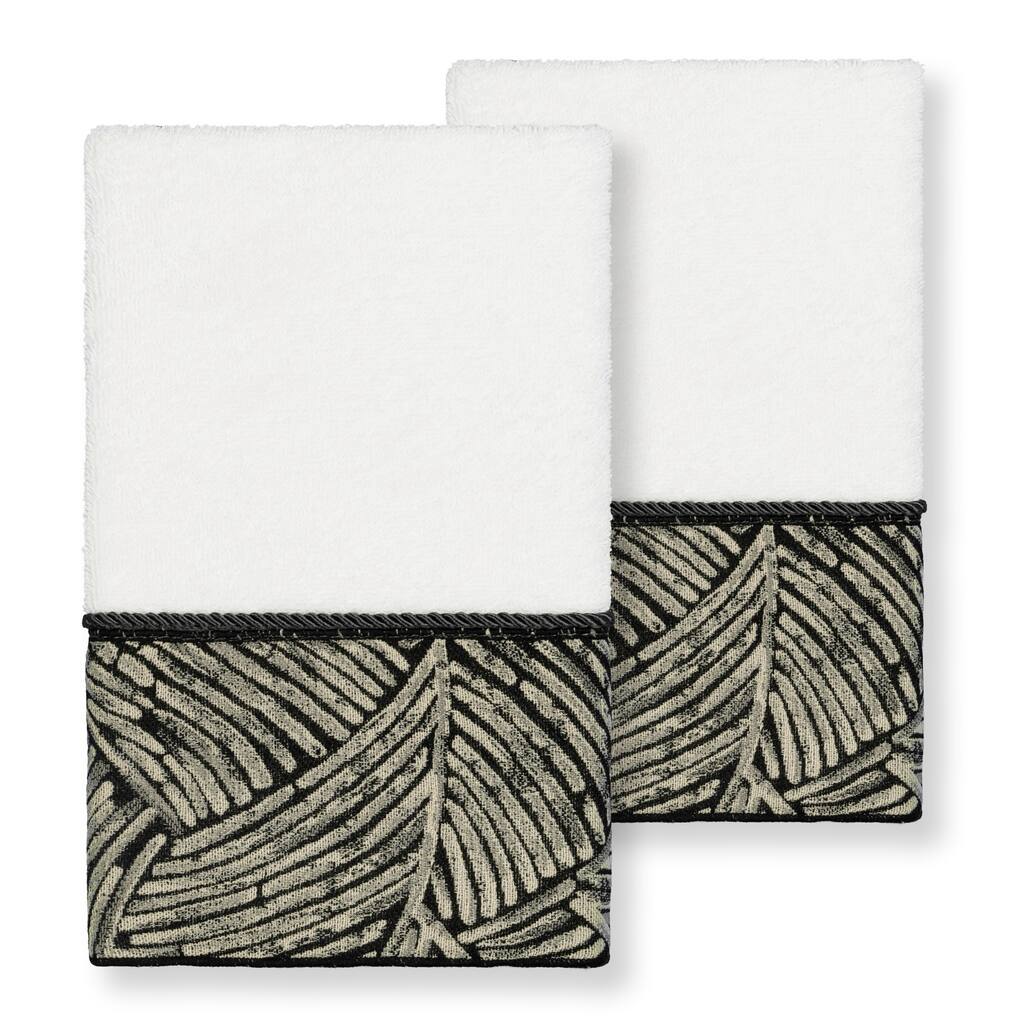 Authentic Hotel and Spa Turkish Cotton Fern Jacquard Trim White 2-piece Hand Towel Set