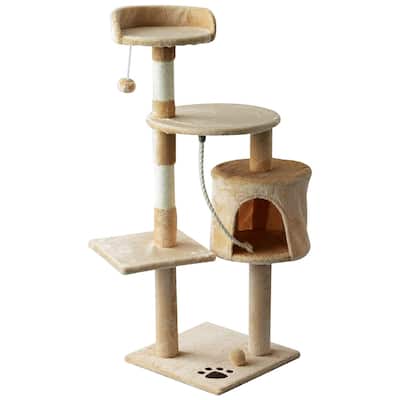 PawHut 45" Plush Sturdy Interactive Cat Condo Tower Scratching Post Activity Tree House - Beige/ White
