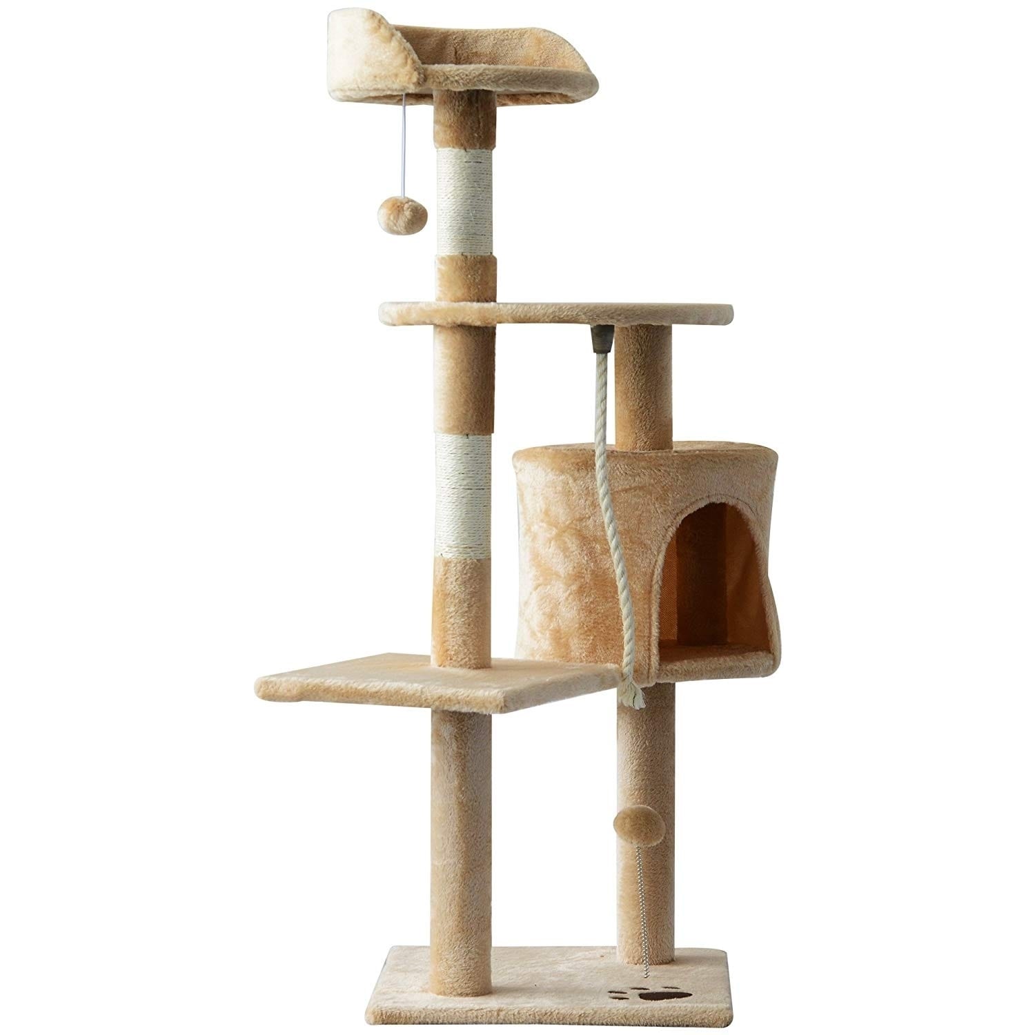 Pawhut 45 Plush Sturdy Interactive Cat Condo Tower Scratching Post Activity Tree House Beige White Overstock 23056739
