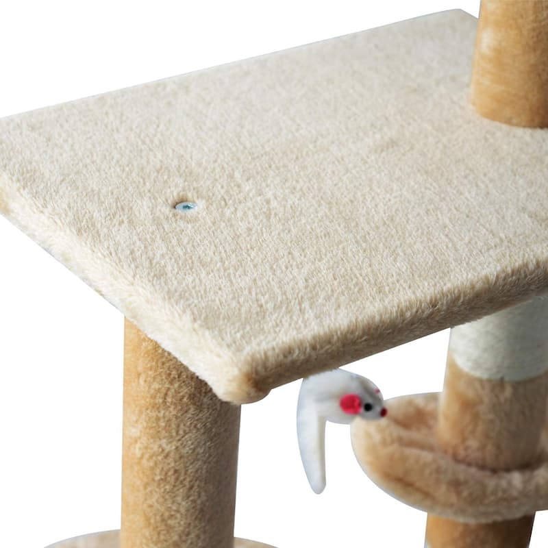 PawHut 52" Plush Sturdy Interactive Cat Condo Tower Scratching Post Activity Tree House - Beige