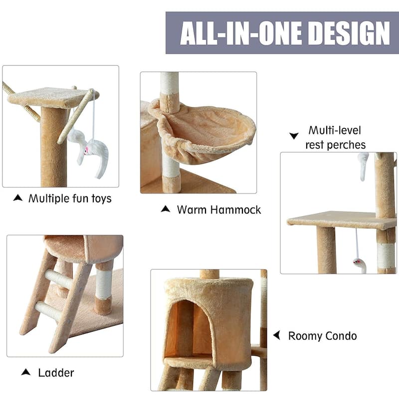 PawHut 52" Plush Sturdy Interactive Cat Condo Tower Scratching Post Activity Tree House - Beige