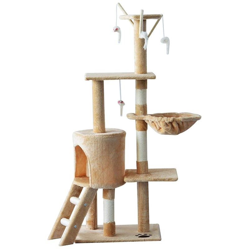 PawHut 52" Plush Sturdy Interactive Cat Condo Tower Scratching Post Activity Tree House - Beige