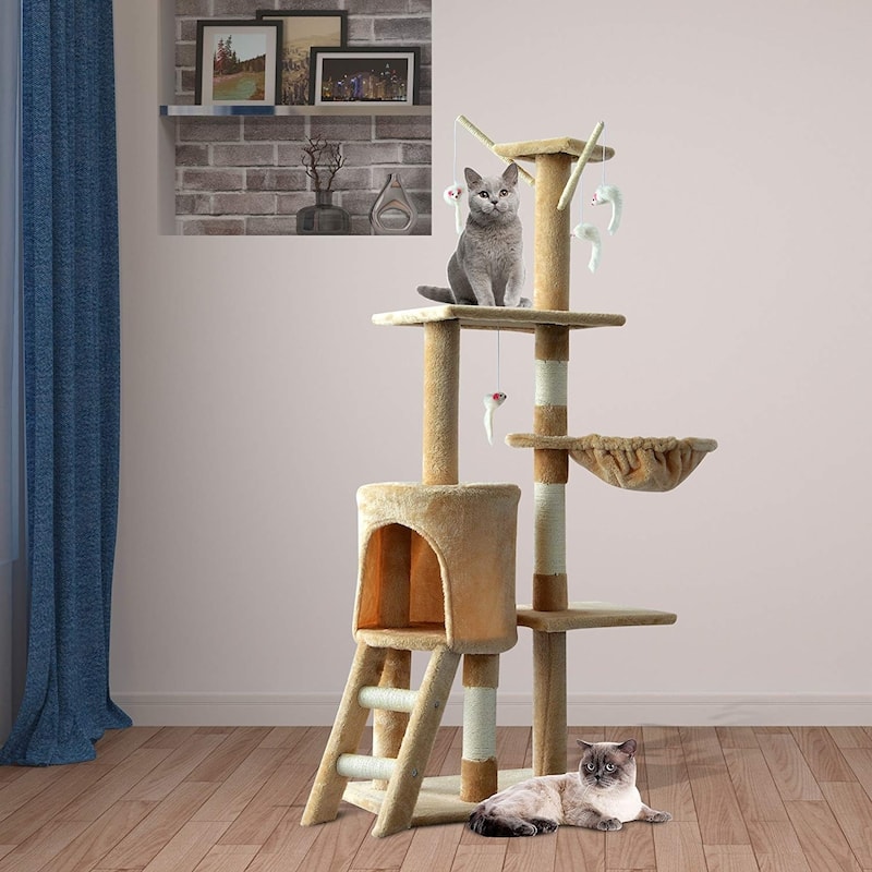 PawHut 52" Plush Sturdy Interactive Cat Condo Tower Scratching Post Activity Tree House - Beige