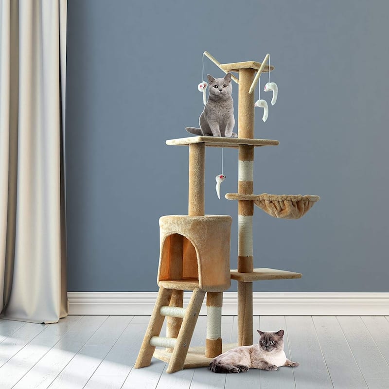 PawHut 52" Plush Sturdy Interactive Cat Condo Tower Scratching Post Activity Tree House - Beige