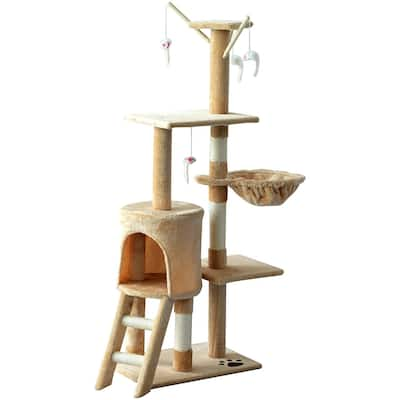 PawHut 52" Plush Sturdy Interactive Cat Condo Tower Scratching Post Activity Tree House - Beige