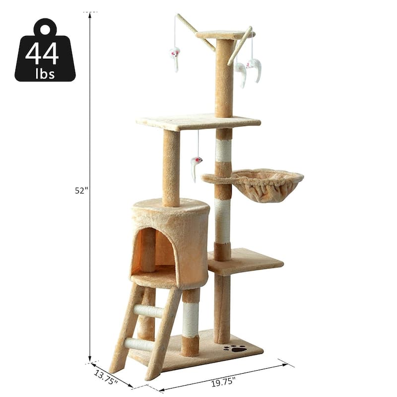 PawHut 52" Plush Sturdy Interactive Cat Condo Tower Scratching Post Activity Tree House - Beige