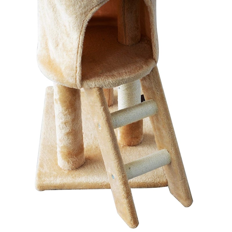 PawHut 52" Plush Sturdy Interactive Cat Condo Tower Scratching Post Activity Tree House - Beige