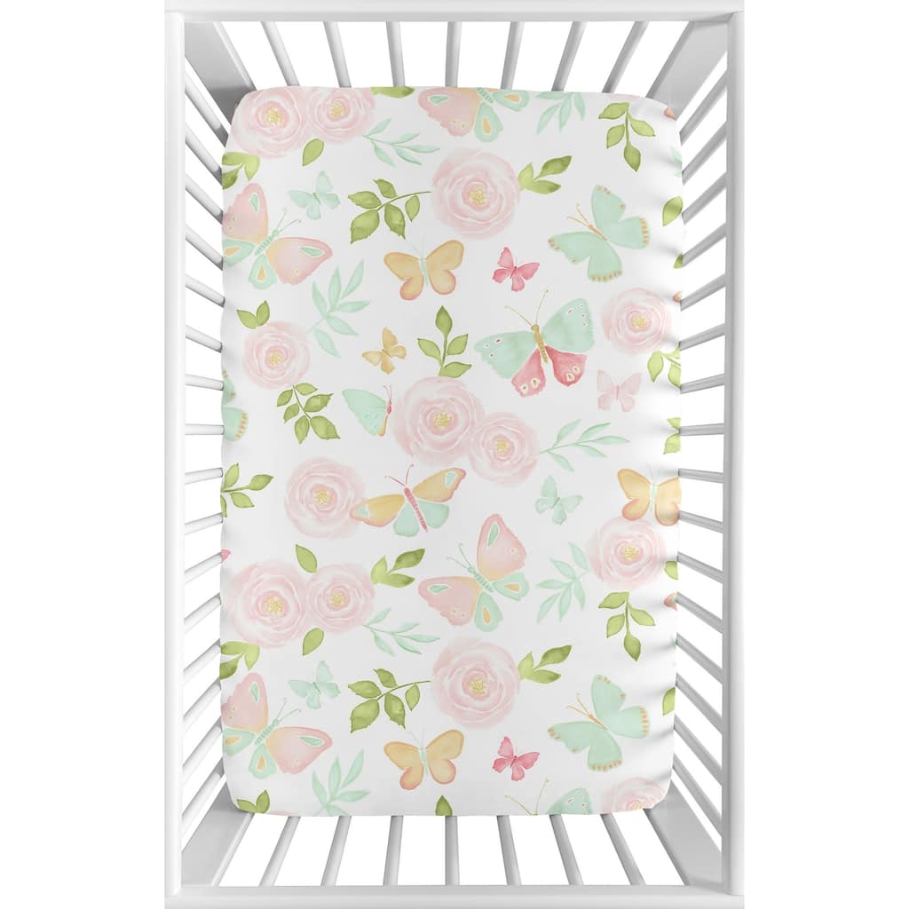 Sweet Jojo Designs Blush Pink, Mint, White Watercolor Rose Butterfly Floral Collection Fitted Mini Portable Crib Sheet