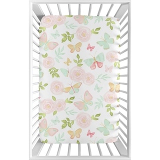 Sweet Jojo Designs Blush Pink, Mint, White Watercolor Rose Butterfly Floral Collection Fitted Mini Portable Crib Sheet