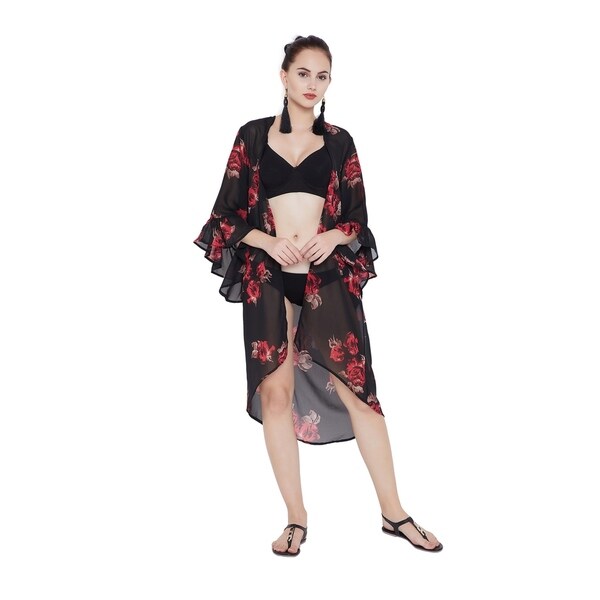 Shop Black Floral Beach Kimono Bikini Cover Ups Women