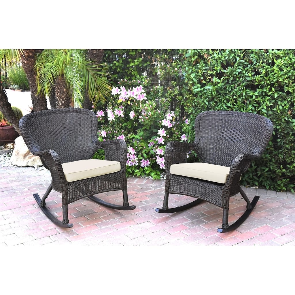 Set of 2 Windsor Espresso Resin Wicker Rocker Chair with Cushions