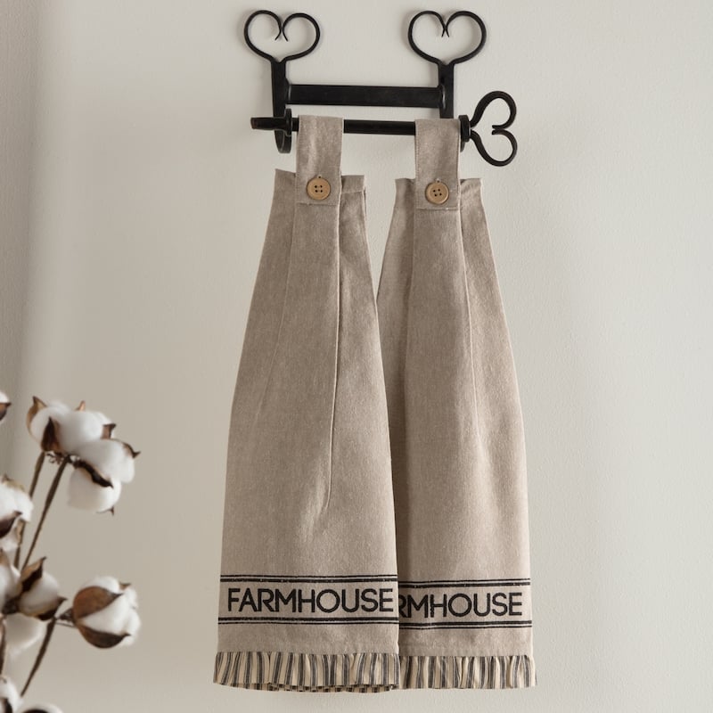 Sawyer Mill Charcoal Farmhouse Button Loop Kitchen Towel Set of 2 - Kitchen Towel 6.5x18 - Kitchen Towel 6.5x18 - Set of 2 - Khaki/Asphalt/Dark Creme
