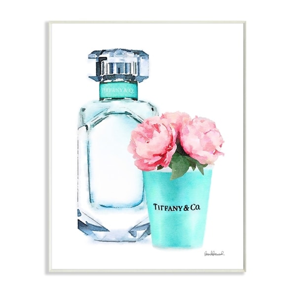 The Stupell Home Décor Collection Teal Blue Perfume Bottle and Pink Peonies Wall Plaque Art, Proudly Made in USA