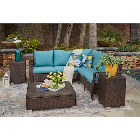 Handy Living Aldrich Indoor/Outdoor Brown Resin Rattan Sectional with Teal Blue Cushions