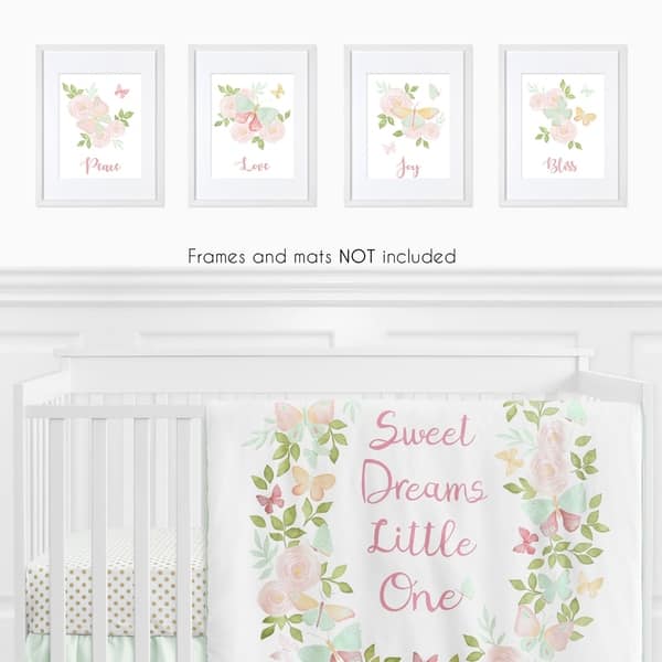 Sweet Jojo Designs Blush Pink Mint Butterfly Floral Collection Wall Decor Art Prints Set Of 4 Peace Love Joy Bliss Overstock