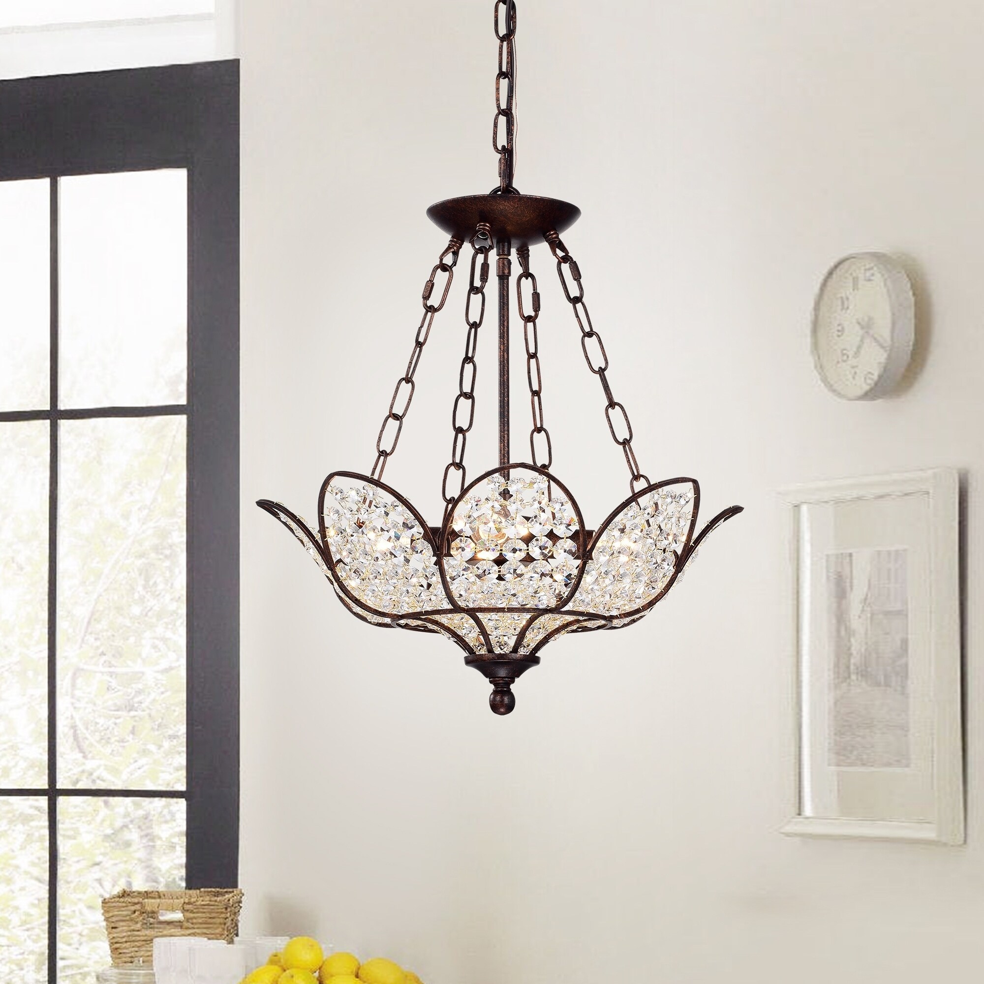 Darnue 4-light Hanging Lotus Chandelier in Rustic Bronze with Crystal Shade - Chandeliers For Bedrooms by Overstock.com