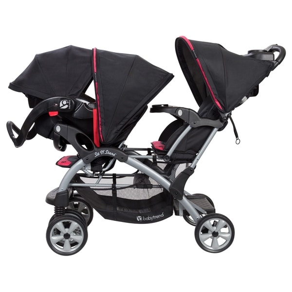 pink and blue double stroller
