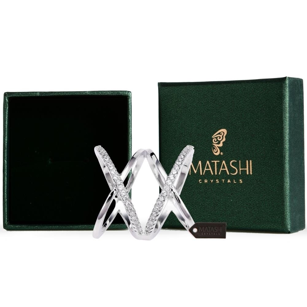 Matashi Rhodium Plated Double “X” Crisscross Design Luxury Ring with CZ Stones Size 8 Gift for Valentines 