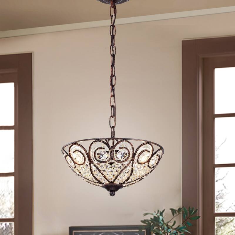 Ceslee 3-light Rustic Bronze Pendant Lamp with Heart Scroll Crystal Shade