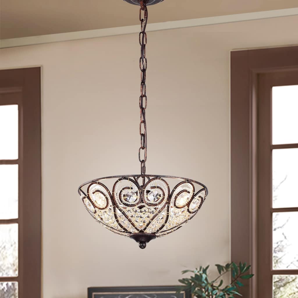 Ceslee 3-light Rustic Bronze Pendant Lamp with Heart Scroll Crystal Shade