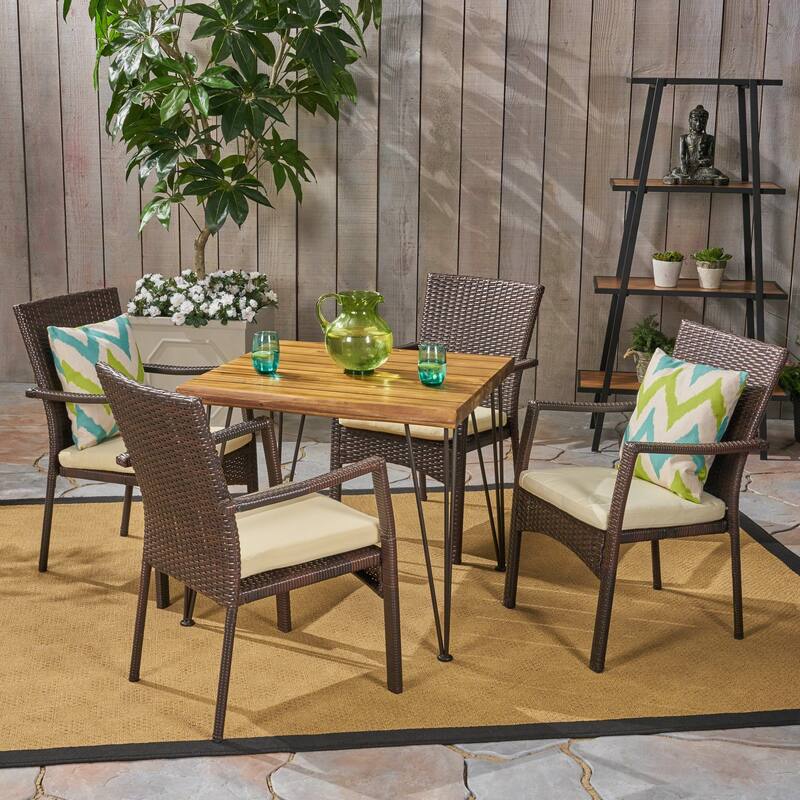 Tatum Outdoor Industrial Wood and Wicker 5 Piece Square Dining Set by Christopher Knight Home - teak + multi brown + rustic metal+cream cushion