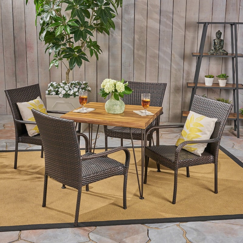 Christopher Knight Home Walker Outdoor Industrial Wood and Wicker 5-Piece Square Dining Set - teak + multi brown + rustic metal