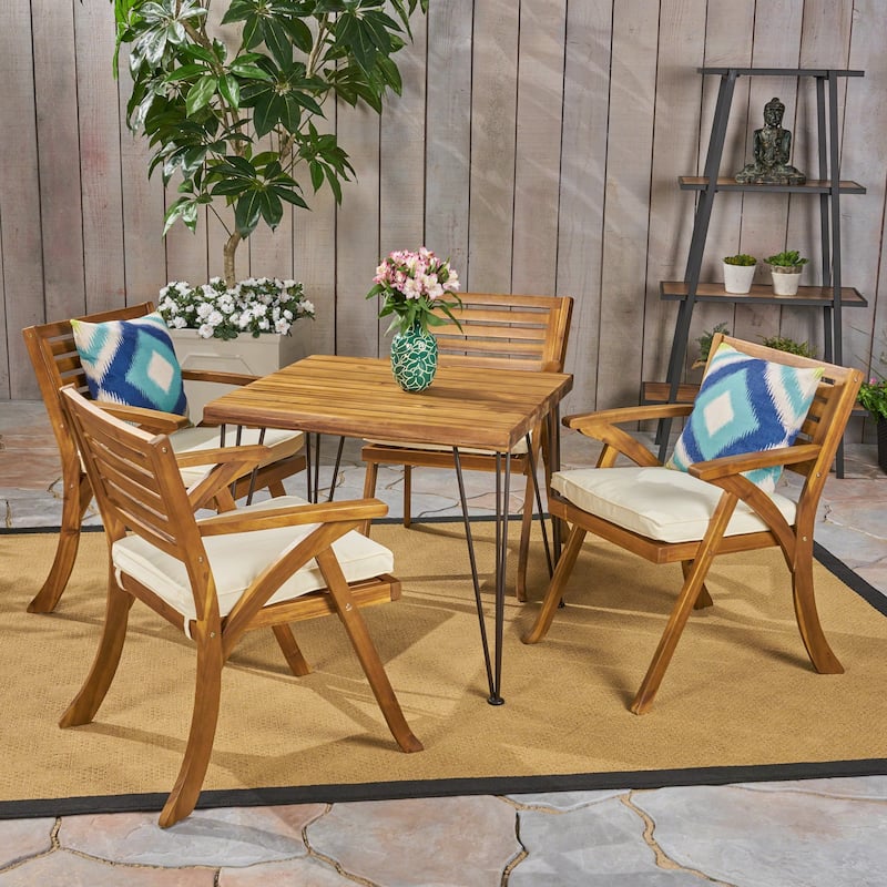 Christopher Knight Home Blaine Outdoor Industrial Wood and Wicker 5-Piece Square Dining Set - teak+cream cushion