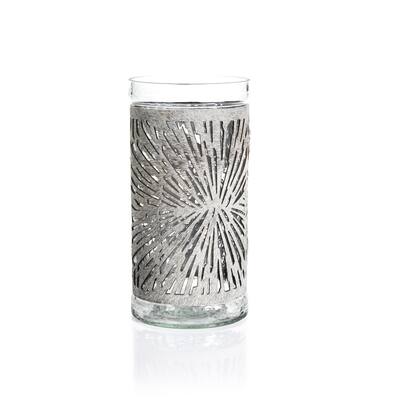 10" Tall Glass Hurricane, Hair On Leather, Silver