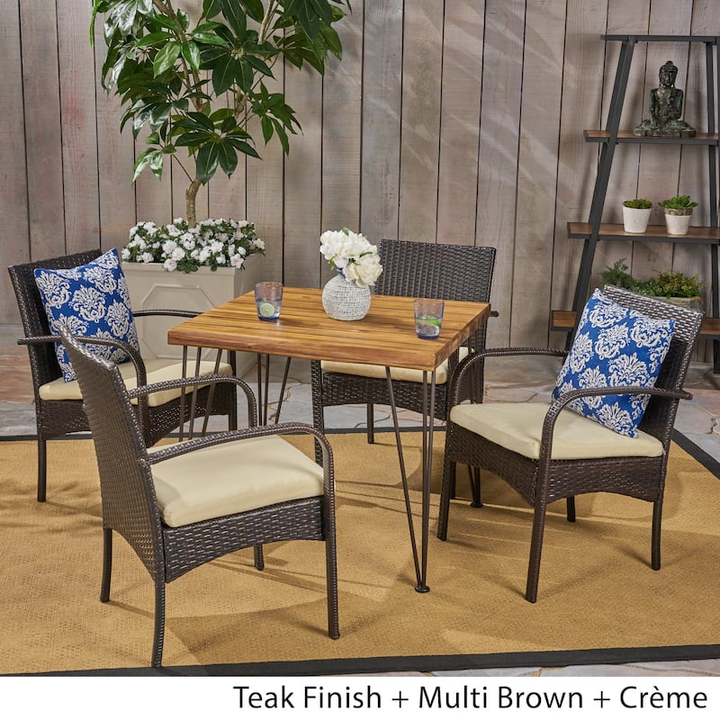 Clayton Outdoor Industrial Wood and Wicker 5 Piece Square Dining Set by Christopher Knight Home
