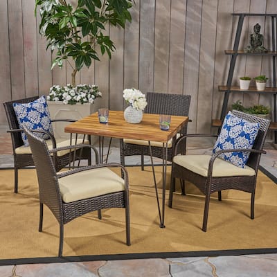 Clayton Outdoor Industrial Wood and Wicker 5 Piece Square Dining Set by Christopher Knight Home