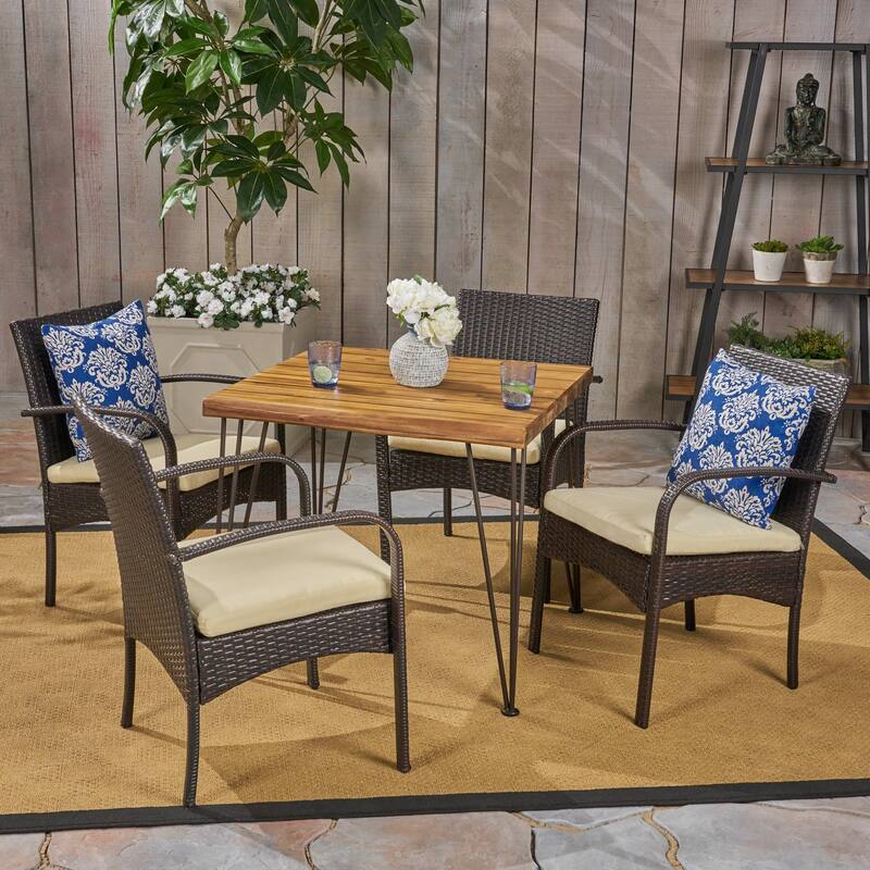 Clayton Outdoor Industrial Wood and Wicker 5 Piece Square Dining Set by Christopher Knight Home