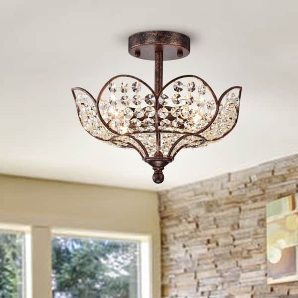 Darnue 4 Light Hanging Lotus Semi Flushmounted Ceiling Lamp In Rustic Bronze With Crystal Shade