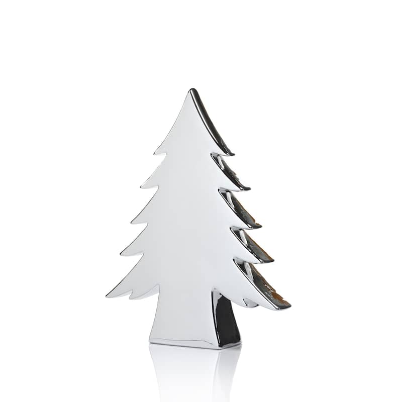 13.75" Tall "Teton" Ceramic Christmas Tree Tabletop Decoration, Silver