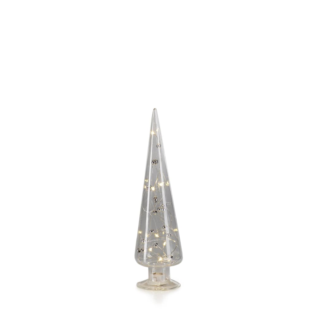 12" Tall LED Christmas Tree with Silver Beads, Medium Tabletop Decoration, Clear (Set of 3)