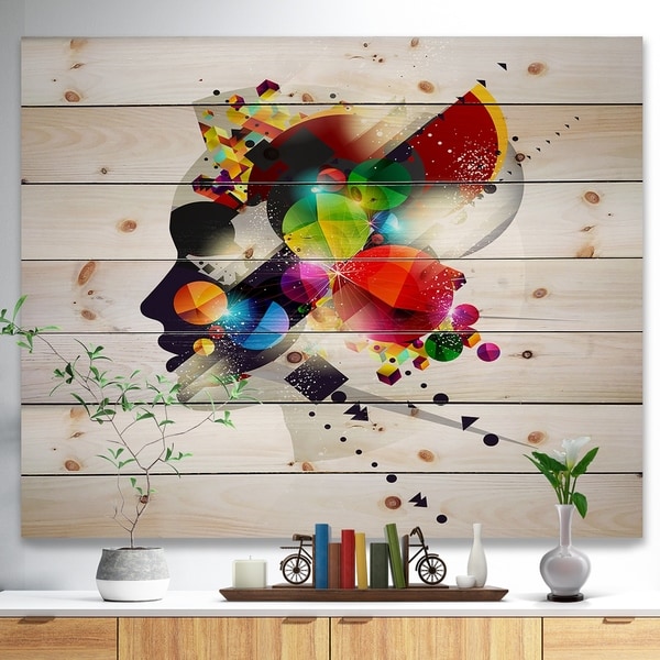 Designart 'Woman Abstract Profile' Abstract Print on Natural Pine Wood - Red