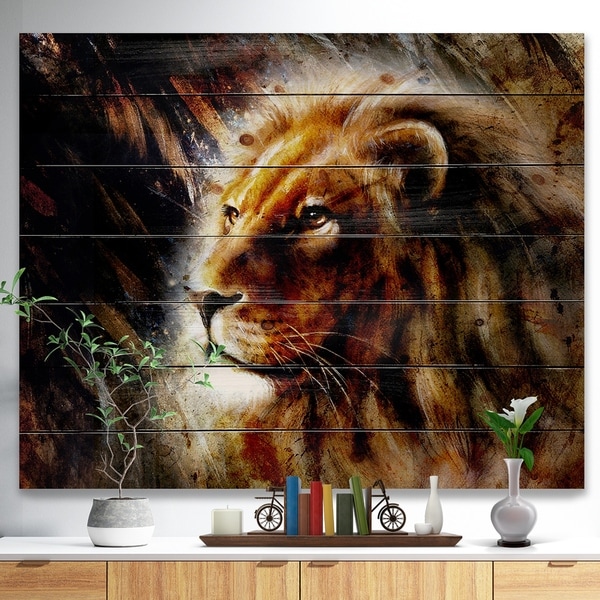 Designart 'Majestically Peaceful Lion' Animal Art Print on Natural Pine Wood - Brown