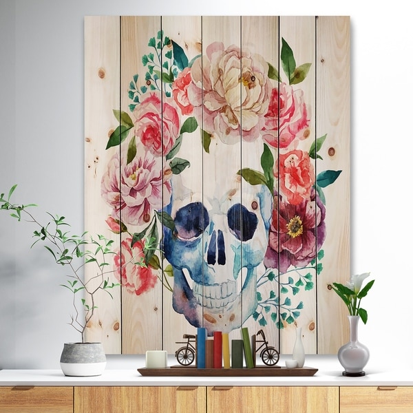 Designart 'Skull Bouquet Vector Art' Contemporary Print on Natural Pine Wood - Pink