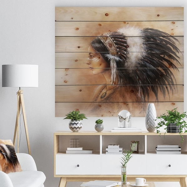 Designart 'Indian Woman in Traditional Clothing' Indian Print on Natural Pine Wood - Brown