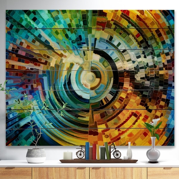 Designart 'Paths of Stained Glass' Abstract Print on Natural Pine Wood - Blue