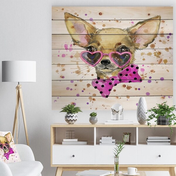 Designart 'Puppy Dog in Watercolor' Animal Art Print on Natural Pine Wood - Brown
