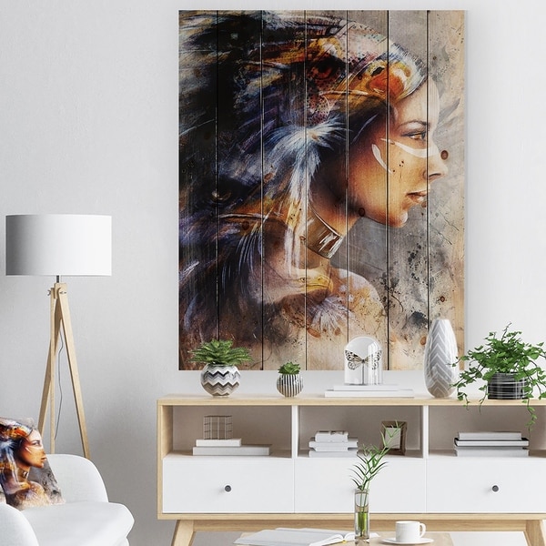 Designart 'Woman with White Horse Eagles' Indian Print on Natural Pine Wood - Brown