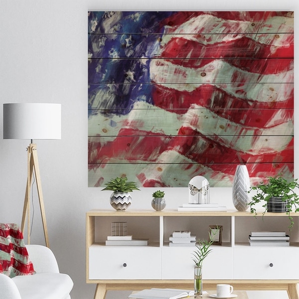 Designart 'USA Flag Abstract Art' Map & Flag Print on Natural Pine Wood - Red