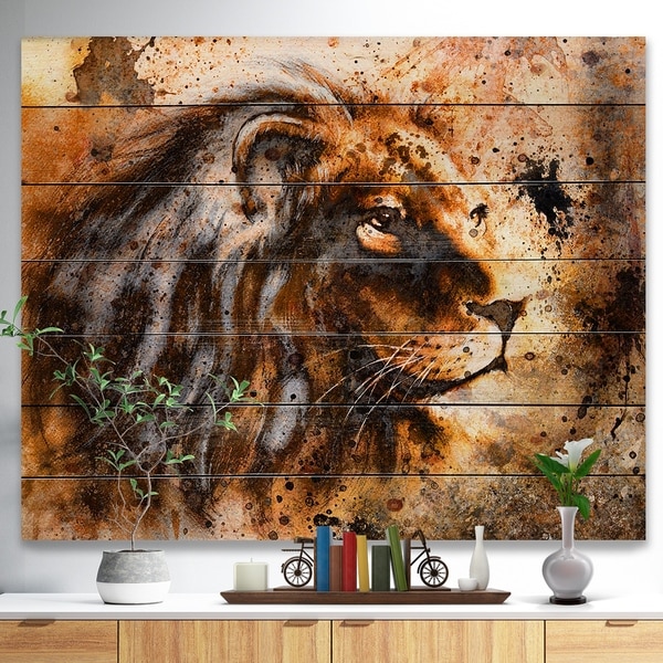 Designart 'Lion Collage' Animal Art Print on Natural Pine Wood - Brown