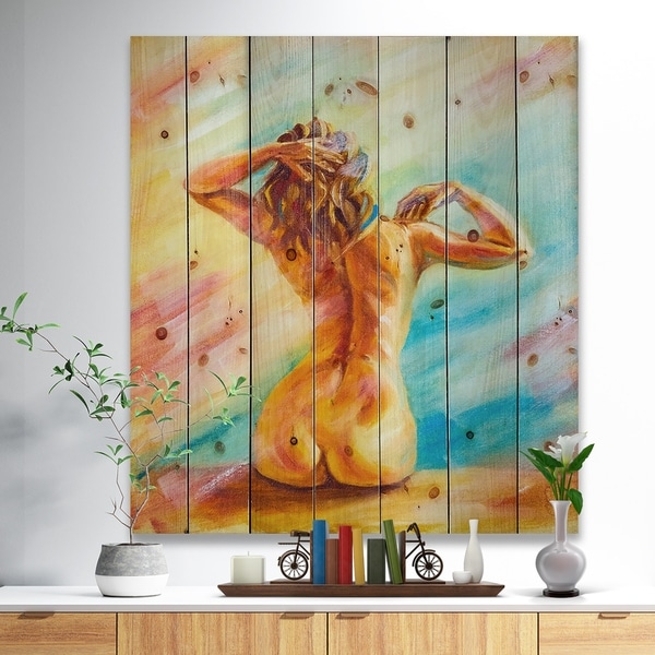 Designart 'Sensual Woman Sitting' Sensual Print on Natural Pine Wood - Yellow